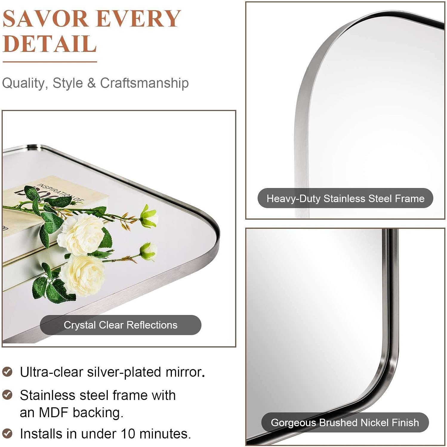 ANDY STAR Brushed Nickel Bathroom Mirror 30x40, Large Silver Rounded Rectangular Wall Mirror, Horizontal Stainless Steel Metal Frame for Over Sink, Fireplace Mantel, Wide Vanity, Rust-Resistant