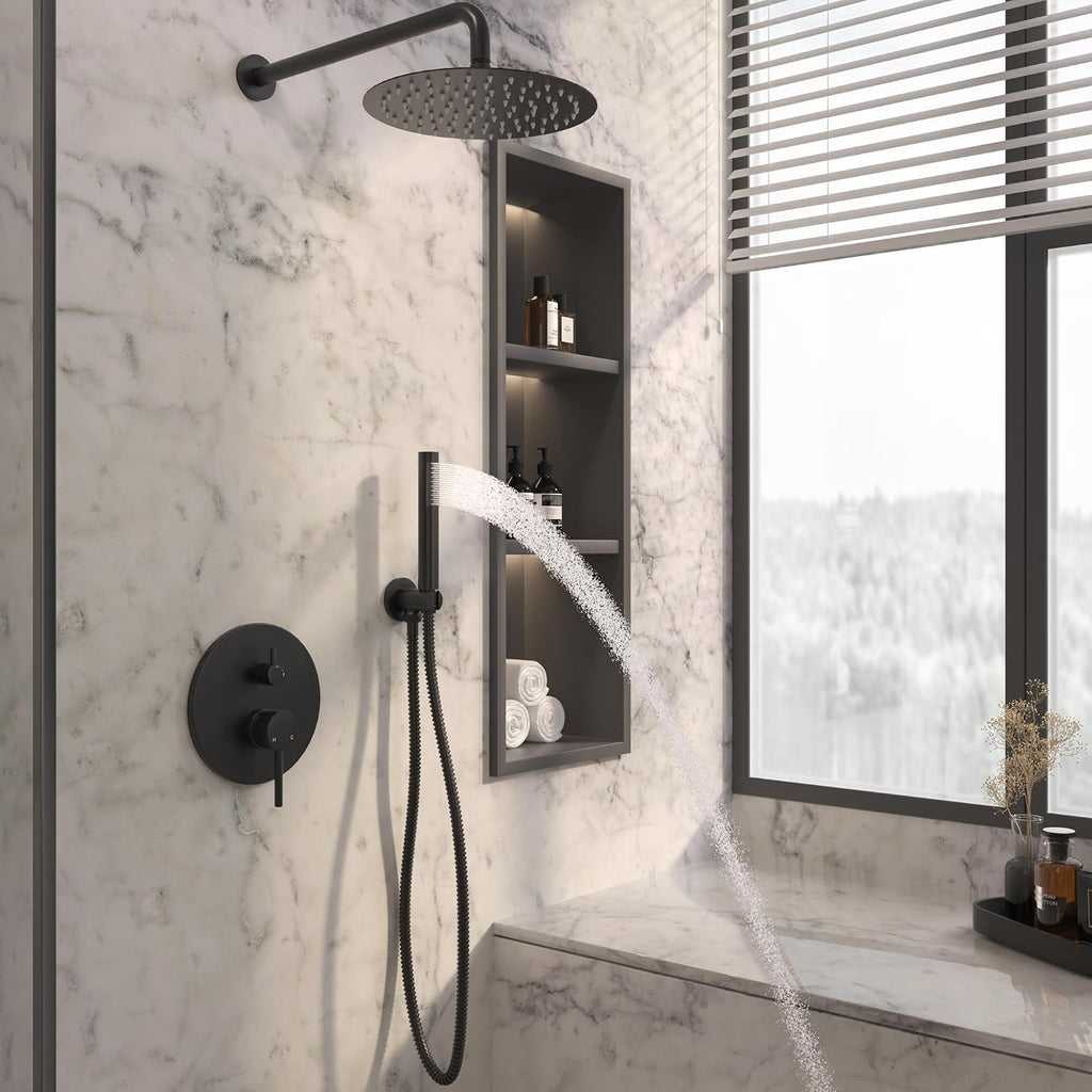 MONDAWE Round Shower Faucet Set, Wall Mounted Shower System 10 Inch Rainfall Shower Head with Handheld Combo, Matte Black High Pressure Rainfall Shower Set -Valve Included