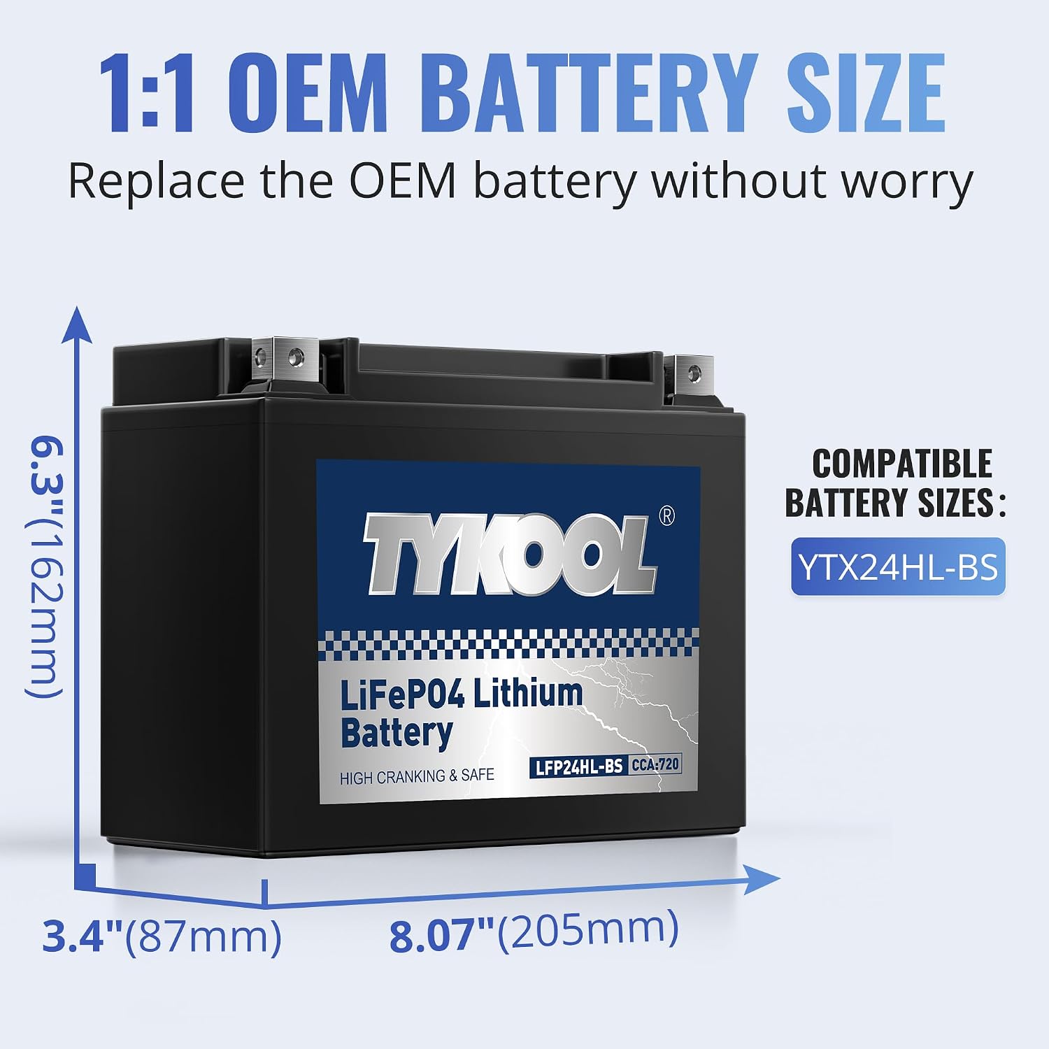 YTX24HL-BS High Performance Lithium LiFePO4 Motorcycle Battery, 720CCA,16Ah,2X Cranking Power,5X Service Life, Digital Readout,Competible for ATV,Motorcycle,Snowmobile, riding lawn Mower