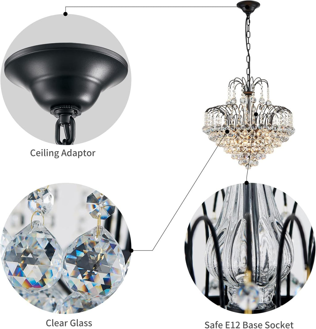 WUZUPS Crystal Chandelier Pendant Flushmount Ceiling Light Modern Lighting Fixture for Bedroom Hallway Bar Kitchen Bathroom, H 17.3' x W 18.9', Black, E12 Base