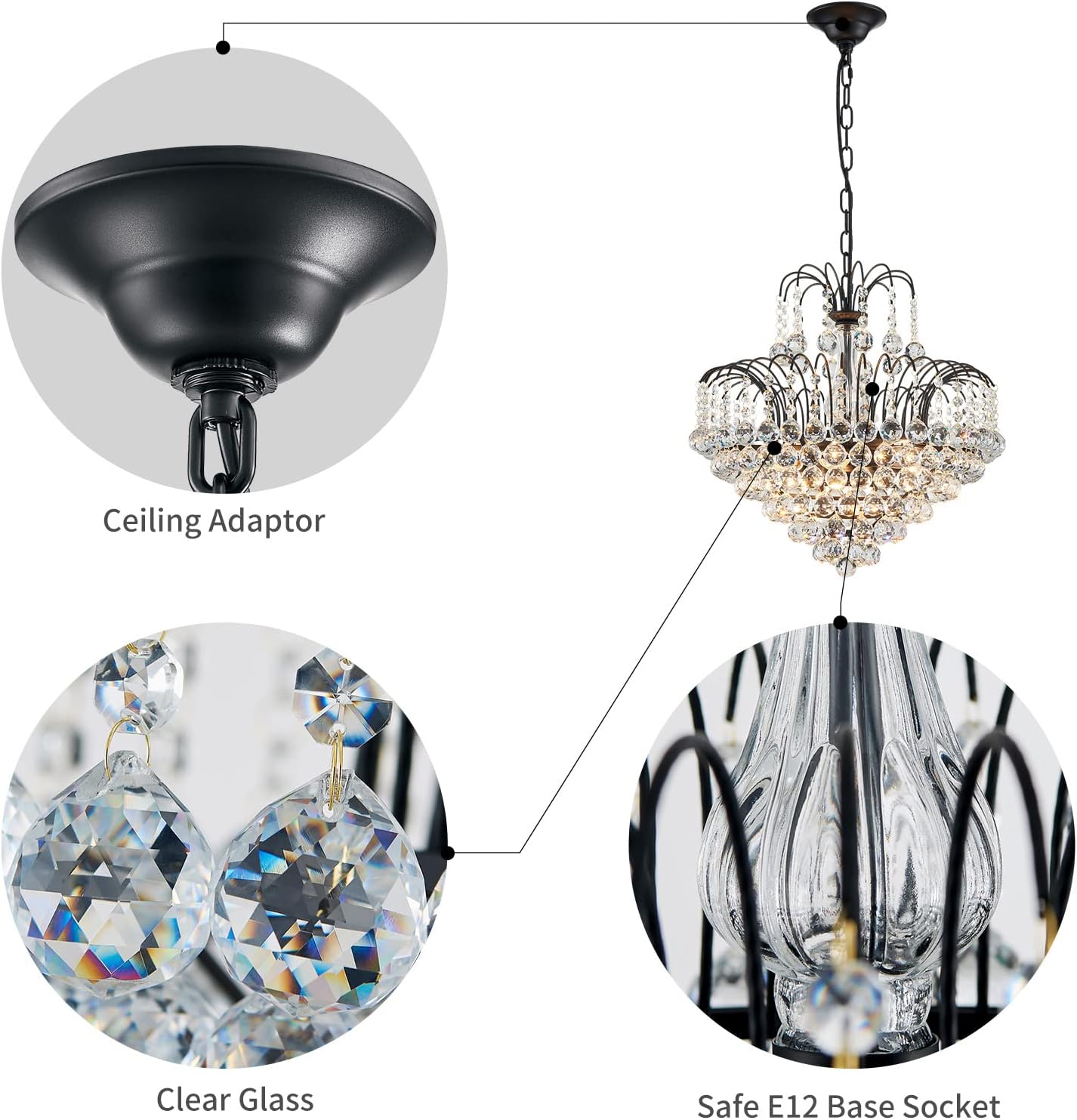 WUZUPS Crystal Chandelier Pendant Flushmount Ceiling Light Modern Lighting Fixture for Bedroom Hallway Bar Kitchen Bathroom, H 17.3' x W 18.9', Black, E12 Base