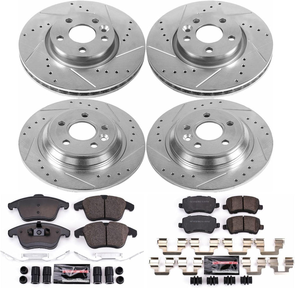 PowerStop Front and Rear Brake Kit for Volvo S60 2015-18 |S80 2015-16 |V60 2015-18 |XC70 2008-16 - Drilled and Slotted Disc Rotors with Carbon-Fiber Ceramic Brake Pads Replacement, K7636