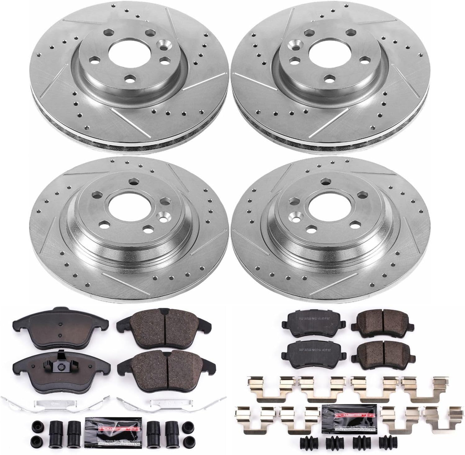 PowerStop Front and Rear Brake Kit for Volvo S60 2015-18 |S80 2015-16 |V60 2015-18 |XC70 2008-16 - Drilled and Slotted Disc Rotors with Carbon-Fiber Ceramic Brake Pads Replacement, K7636