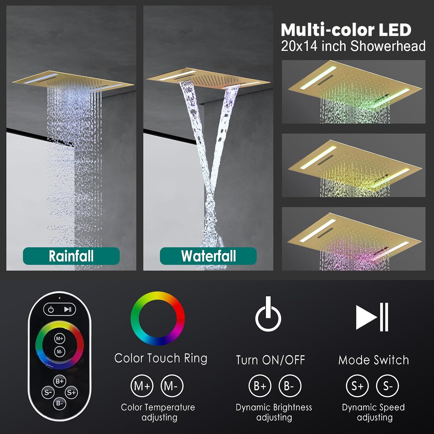 Brushed Gold Full Body Thermostatic Shower System, 14X20Inch LED Waterfall Rainfall Shower with 4 Jets Features Shut-Off, 2-mode Handheld, 4-Way Luxury Shower Fixture Faucets Set