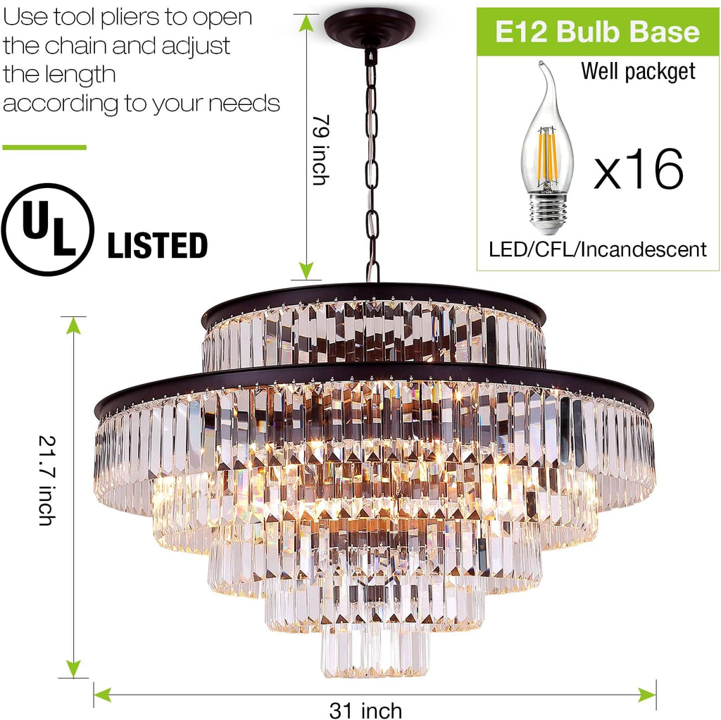 31' Black Crystal Chandelier, Modern 6-Tier Ceiling Light with Clear Crystal Prisms, Luxury Pendant Lighting for Dining Room Entryway