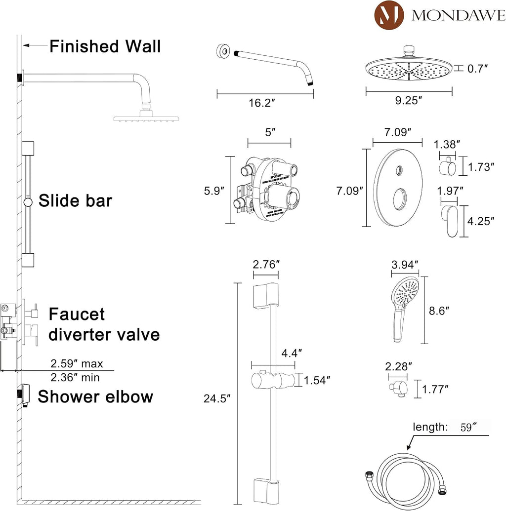 MONDAWE 9 Inch Wall Mounted Shower Faucet Set in Matte Black, Rainfall Shower Head with 3-Setting Handheld Spray Shower Set Combo, High Pressure Shower System with Solid Brass Valve