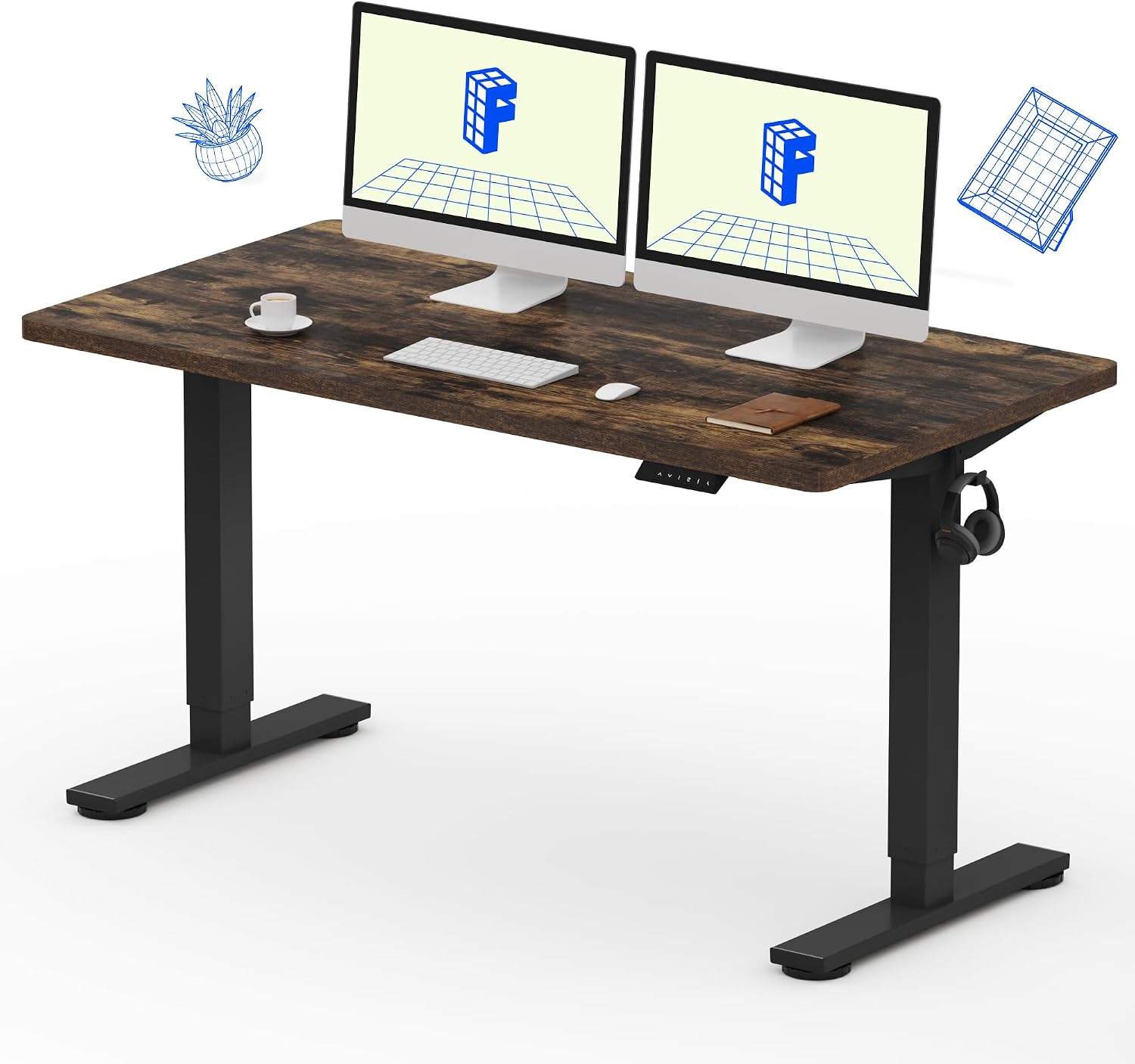 FLEXISPOT EN1 One-Piece Standing Desk, Electric Adjustable with 4 Memory Presets, 176 LBS Capacity, Stable & Quiet, Seamless Desktop for Home Office & Dual Monitors, 55'x28' Rustic Brown
