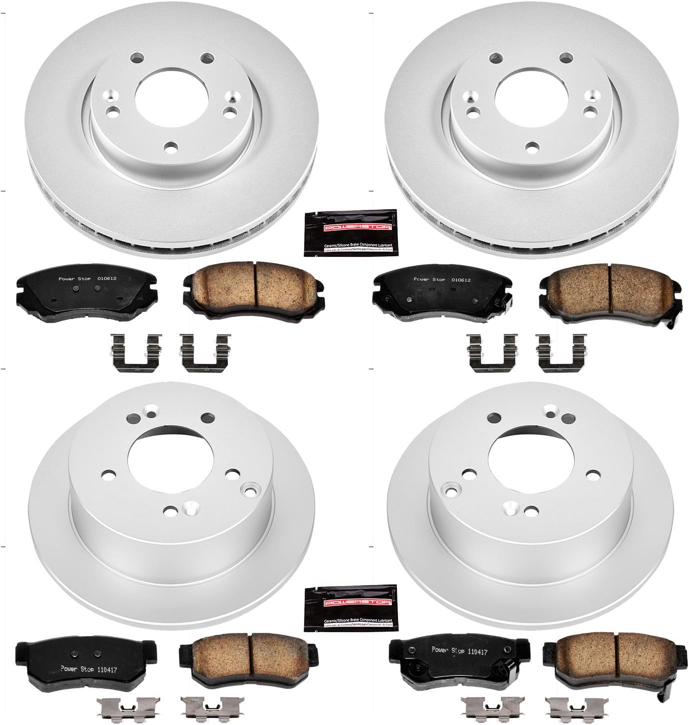 PowerStop Front and Rear Brake Kit for Hyundai Sonata 2006-08 |Tucson 2005-09 |Kia Optima 2007-10 |Sportage 2005-10 - Fully-Coated Disc Rotors with Z17 Ceramic Brake Pads Replacement, CRK4449