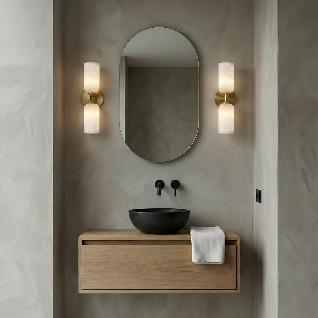 Alabaster Wall Sconces, 14' Modern Spanish Natural Marble Vanity Light, Dimmable Hardwired Brass Gold Wall Sconce Lighting for Bathroom Mirror, Bedroom, Living Room, Luxury Stone Wall Fixtures (1 Pcs)