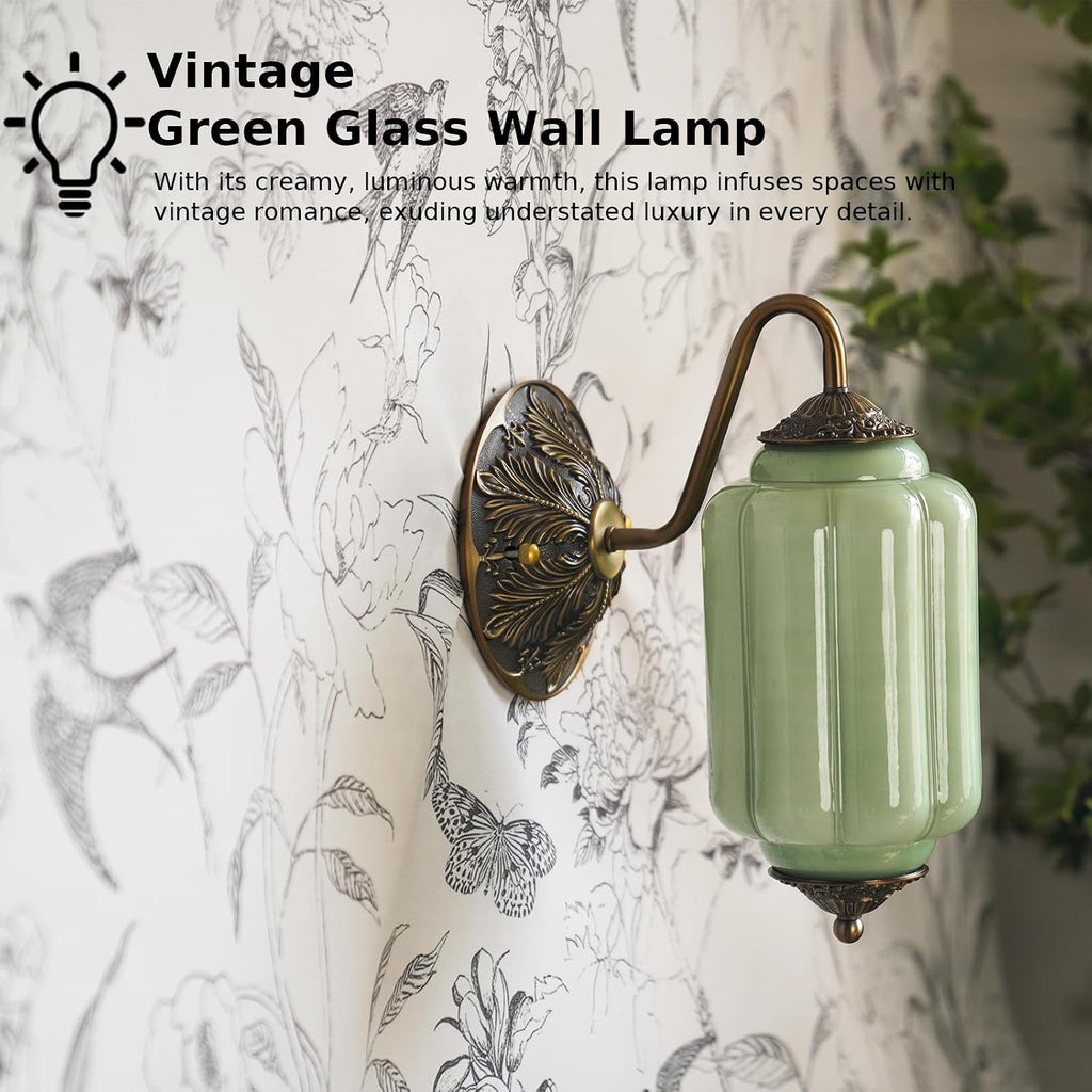 2-Pack Antique Gold Milk Glass Wall Sconce - Vintage Green Shade & Brass Finish Base - Indoor Wall Lighting Fixture for Living Room, Bedroom, Bathroom, Hallway, Entryway (2 Pack/Green)