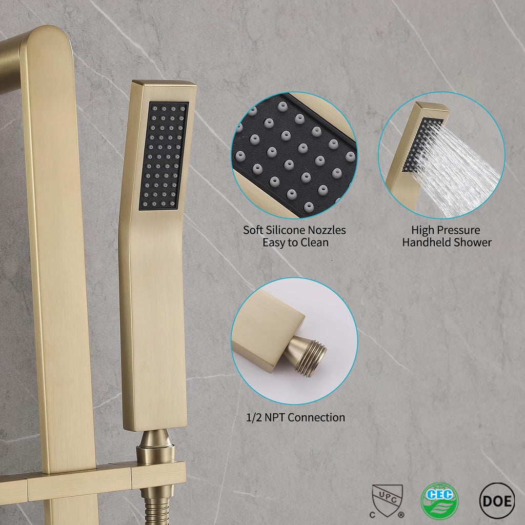 Shower Slide Bar Handheld Shower Head with Hose, Bathroom Showerhead with Handle Spray, High Pressure Shower Slide Bar Height Adjustable with 59.06 Inch Stainless Steel Hose Brushed Gold