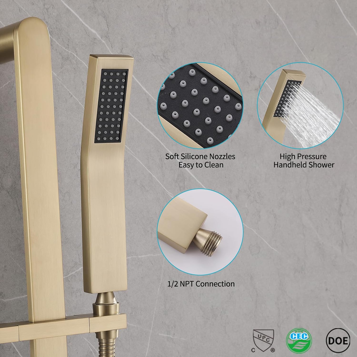 Shower Slide Bar Handheld Shower Head with Hose, Bathroom Showerhead with Handle Spray, High Pressure Shower Slide Bar Height Adjustable with 59.06 Inch Stainless Steel Hose Brushed Gold
