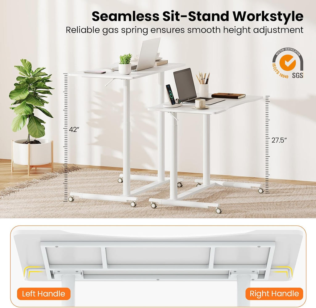 Tangkula Mobile Standing Desk, C-Shaped Sit Stand Desk with Adjustable Height, Lockable Wheels & Metal Frame, Rolling Laptop Desk, Portable Computer Workstation for Small Space