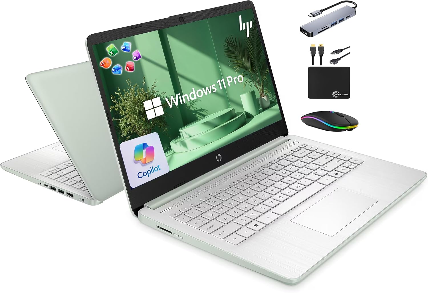 HP 14' Laptop 2025 Business Student Slim Computer, Lifetime MS Office, Copilot AI, Quad-Core Intel CPU, 16GB RAM, 628GB Storage (128GB UFS+500GB Ext), MarxsolAccessory, Wi-Fi 6, Win 11 Pro, Green