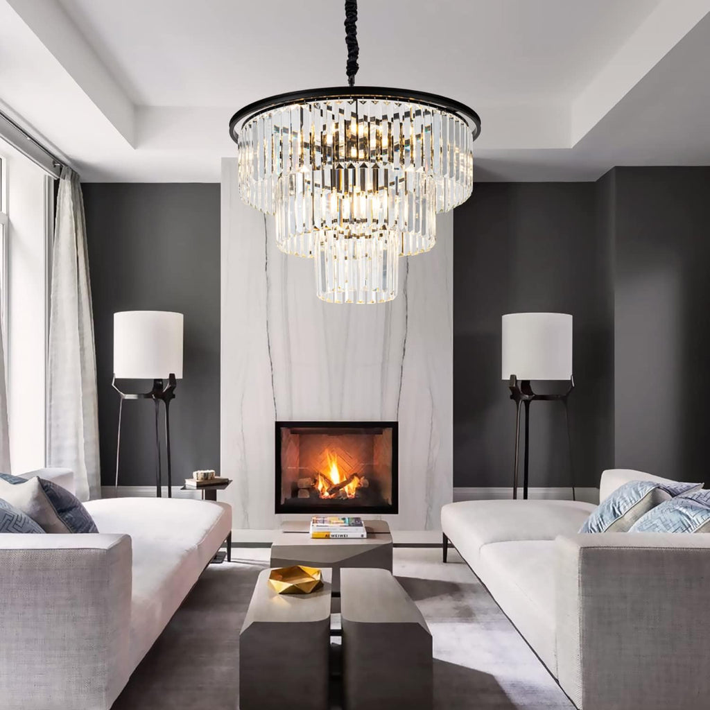 12 Lights 23.64' Black Modern Crystal Chandelier Crystal Pendant Ceiling Light Fixture 3-Tier Hanging Lighting for Dinning Room Bedroom Living Room Foyer