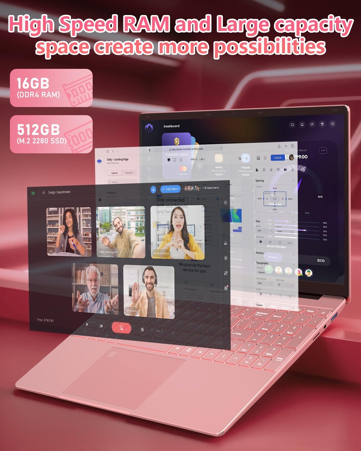 Molegar 15.6' Rose Gold Laptop with Backlit Keyboard and Fingerprint Reader,16GB RAM 512GB NVMe SSD,Webcam,WiFi 5,BT 4.2,HDMI,USB,Cheap Laptops Computer for Work School Home Office Professional Use