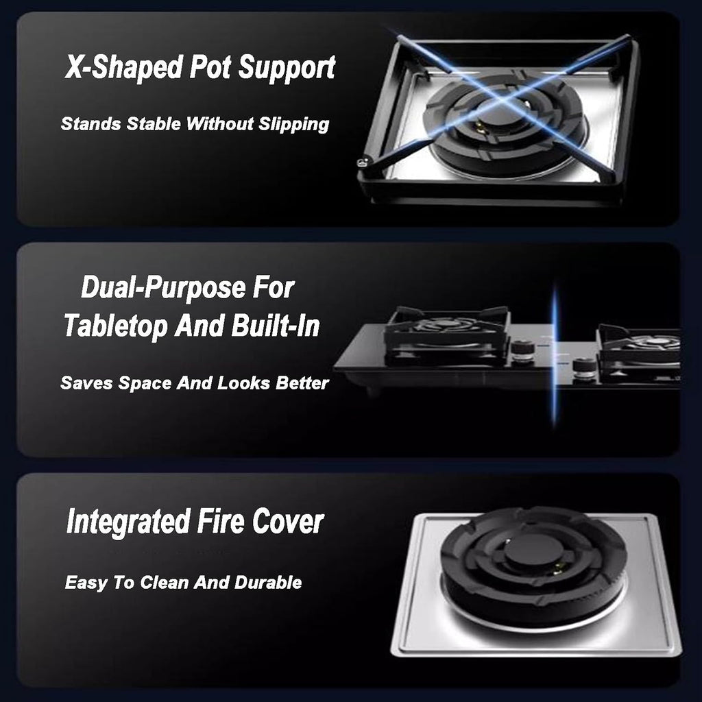 71CM Gas Stove 2 Burners, Built-in Gas Cooker Plug and Play, Stainless Steel Panel Cast Iron Pot Holder, Suitable for Home Kitchen Camping Garden Dining(NG)