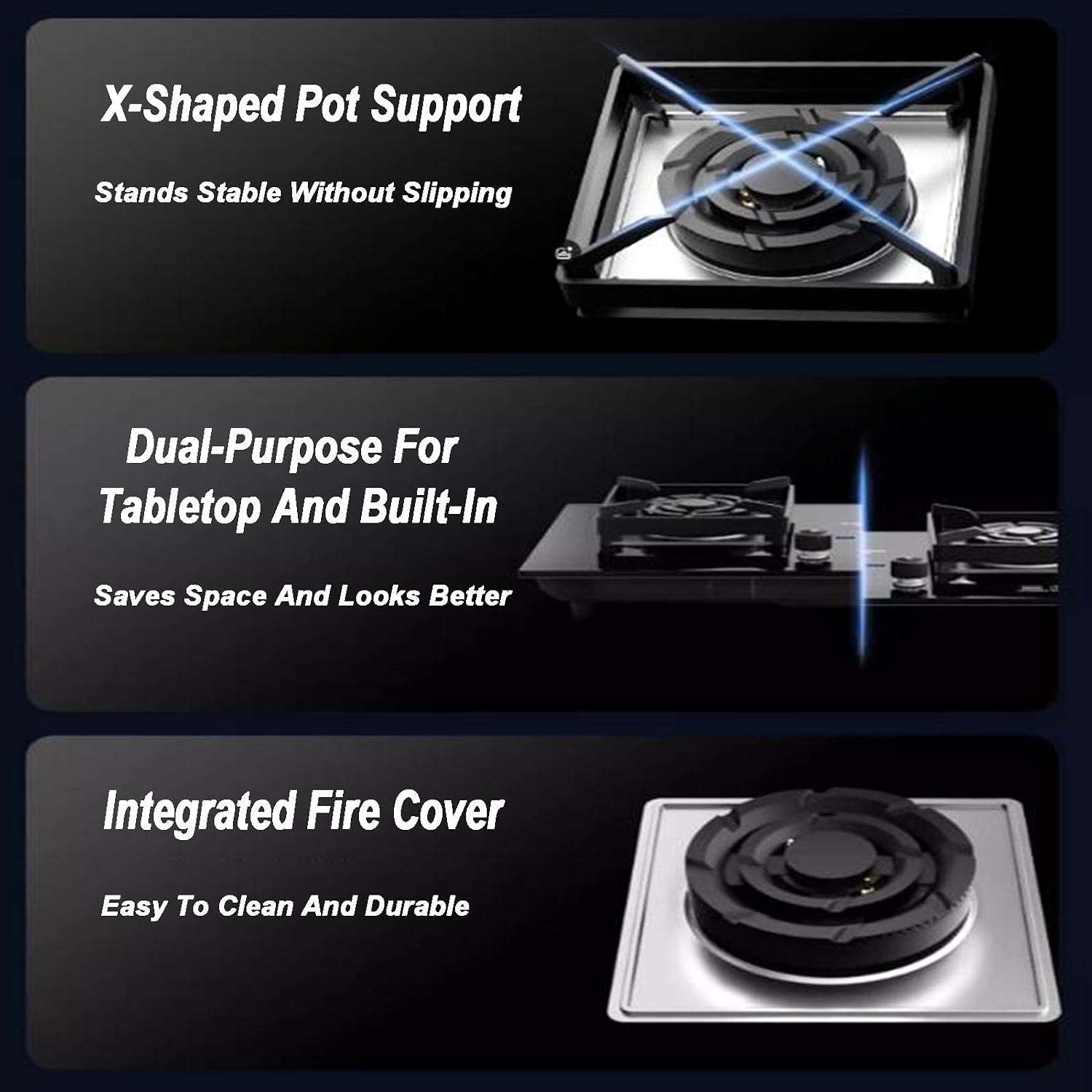 71CM Gas Stove 2 Burners, Built-in Gas Cooker Plug and Play, Stainless Steel Panel Cast Iron Pot Holder, Suitable for Home Kitchen Camping Garden Dining(NG)