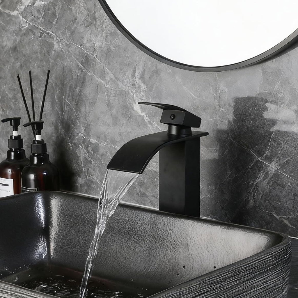 Black Vessel Sink Rectangle 18'x14' Bathroom Sink Above Counter Porcelain Ceramic Small Sink Bowl Ceramic Vessel Sinks with Waterfall Faucet and Pop-up Drain for Bathrooms