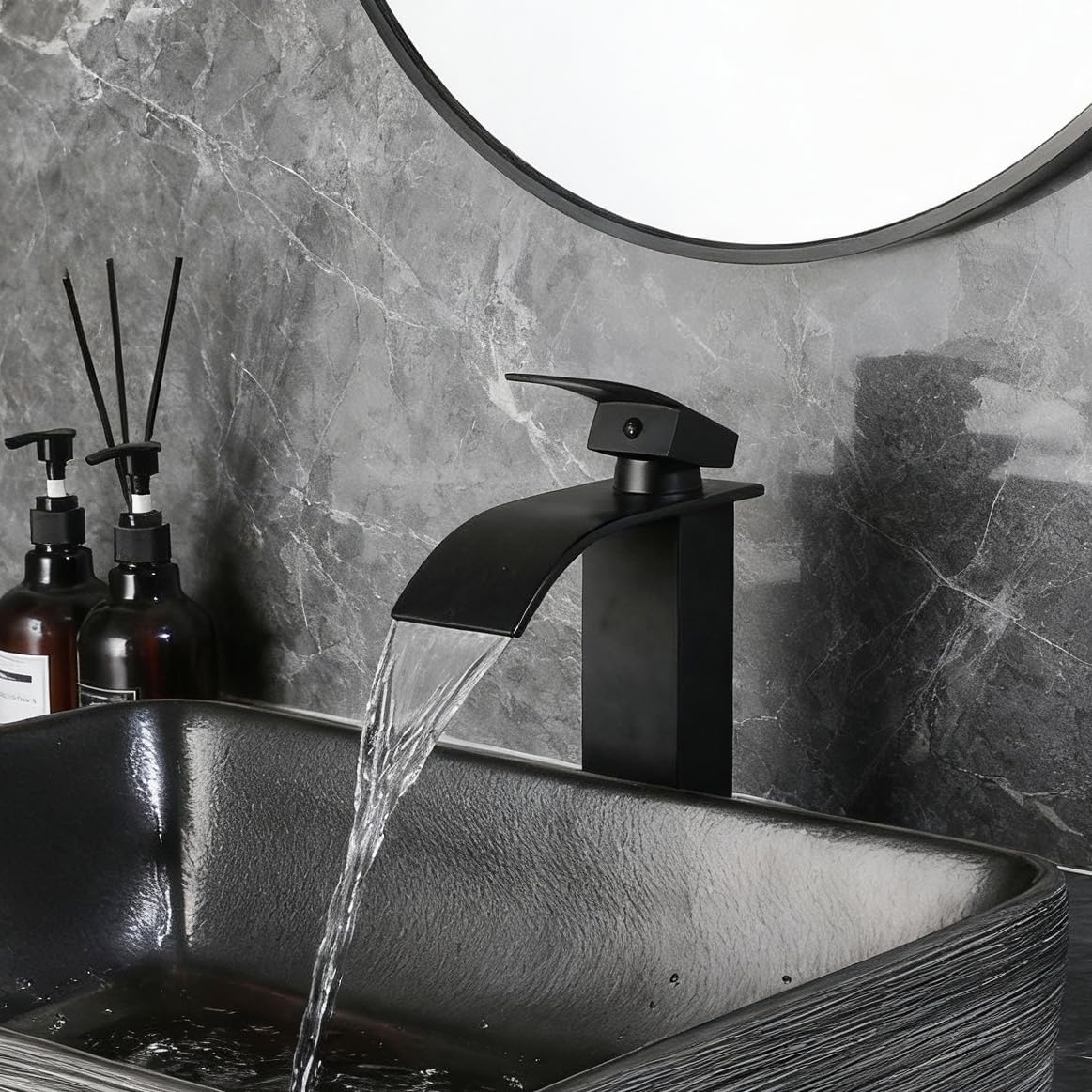Black Vessel Sink Rectangle 18'x14' Bathroom Sink Above Counter Porcelain Ceramic Small Sink Bowl Ceramic Vessel Sinks with Waterfall Faucet and Pop-up Drain for Bathrooms