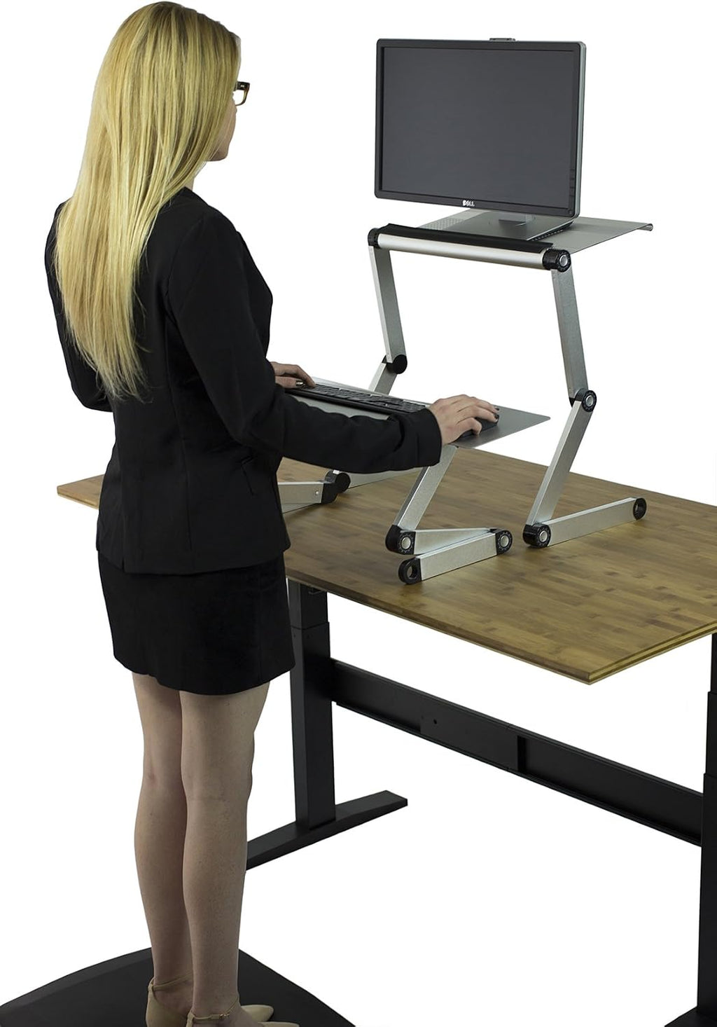 WorkEZ Adjustable Standing Desk Converter, Sit to Stand Desk Riser, Standing Desk for Laptop Monitor, Adjustable Height & Angle Negative Tilt, Silver