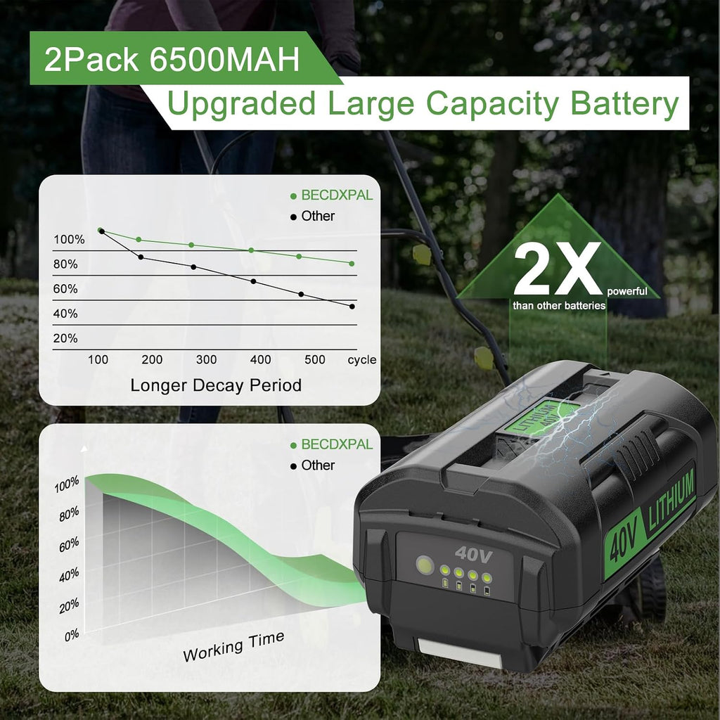 2Pack 6.5Ah Replacement for Ryobi 40V Battery and Charger Kit for 40 Volts Battery OP4026 OP4040 OP40401 OP40601 with Dual Port Ryobi 40V Charger OP401