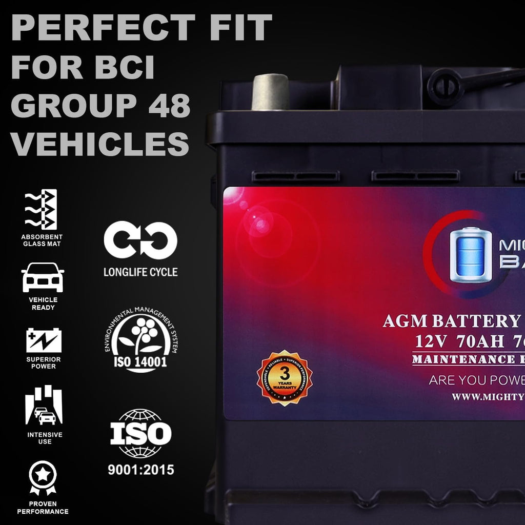 Mighty Max Battery MM-H6 Start and Stop Car BCI Group Size 48 12V 70 AH, 120RC, 760 CCA Rechargeable AGM Car Battery