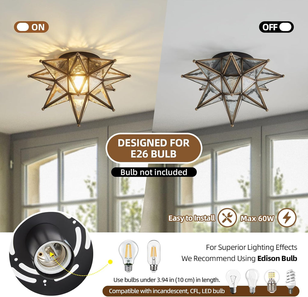Moravian Brass Star Ceiling Light - 12.7 Inch Oil Rubbed Bronze Black Vintage Flush Mount Lighting Fixtures - Art Deco Moroccan Glass Fixture Lights for Hallway Kitchen Farmhouse Bedroom Entryway