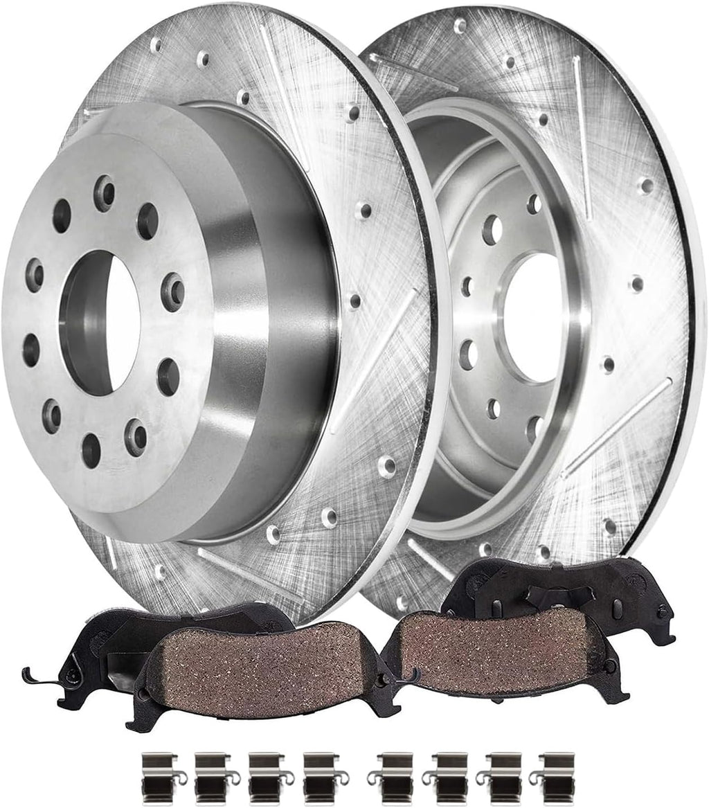 Detroit Axle - Rear Brake Kit for Jeep 2018-2023 Wrangler 13.46' inch Drilled and Slotted Disc Brake Rotors Ceramic Brakes Pads 2019 2020 2021 2022 Replacement