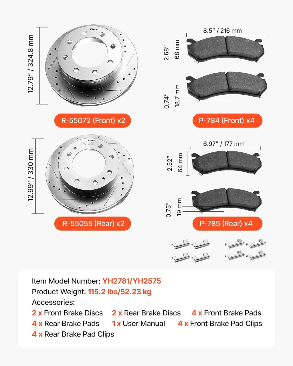 VEVOR Front and Rear Brake Kit Compatible with 2002-2006 Chevrolet Avalanche 2500 (8 STUD), 2002-2004 Chevrolet Silverado 2500 (Models w/Manual Transmission ONLY), Drilled & Slotted Brake Rotors