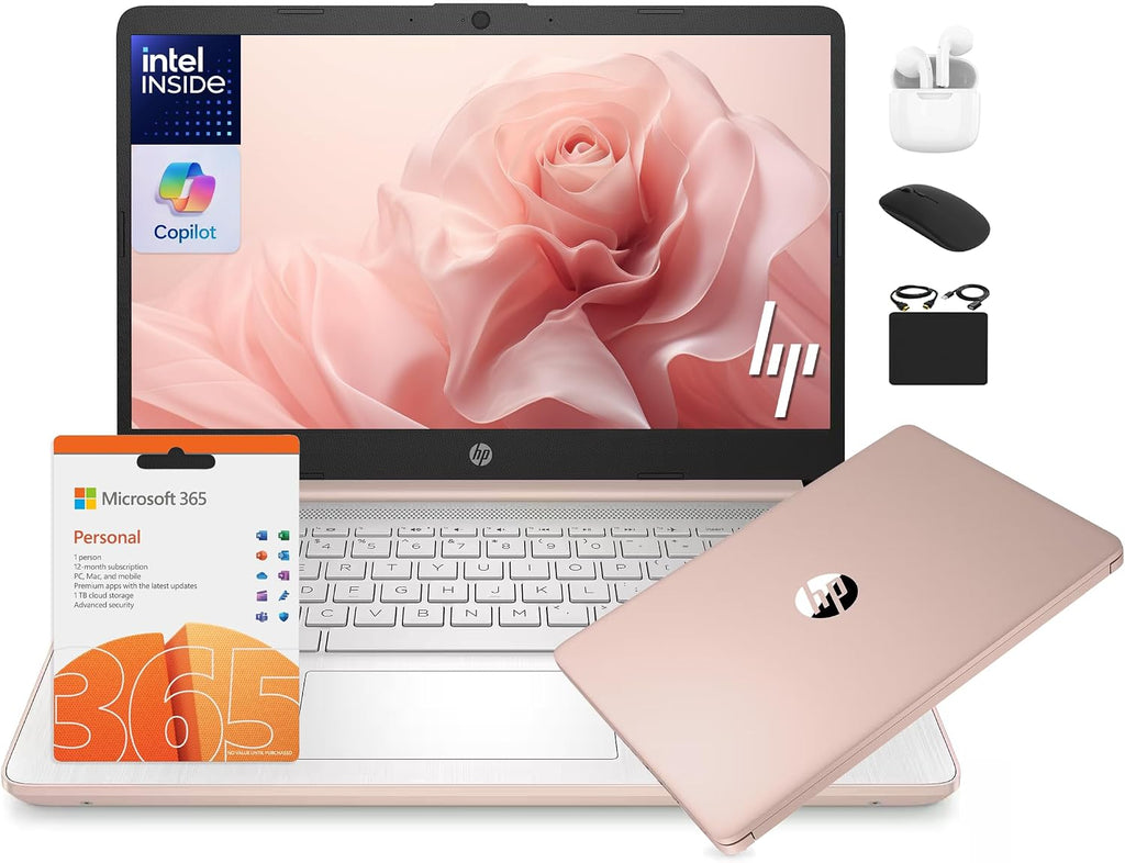 HP 14 Laptop Student Business 2025 Flagship, AI Copilot, 4-Core 13th Gen Intel CPU, 16GB RAM 628GB Storage (128GB UFS+ 500GB Ext), 1-Yr Office 365, Long Battery HubxcelAccessory Win 11S Rose Gold