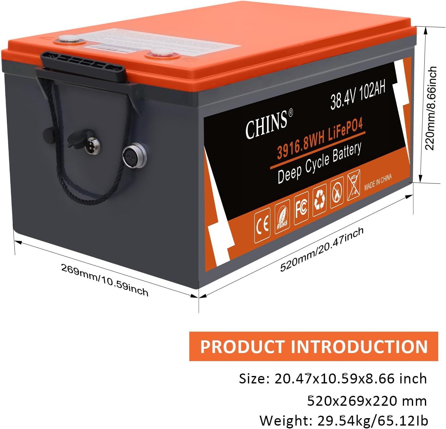 CHINS 36V Lithium Golf Cart Battery, 200A BMS, with Touch Monitor and Retention Strap, 5000+ Cycles 36V 102AH Lithium Battery with Charger Perfect for Golf Carts