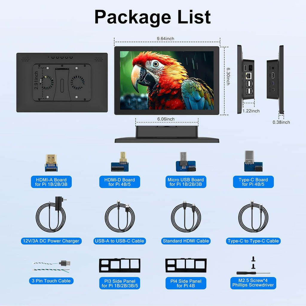 10.1 Inch Touchscreen Monitor - 1920x1200 HDMI Touch Screen Monitor, 10-Point IPS 16:10 Rpi Screen Display for Pi 5/4/3/2/Zero/B/B+ Win11/10/8/7 W/VESA,Speaker,Fan,Stand Driver-Free