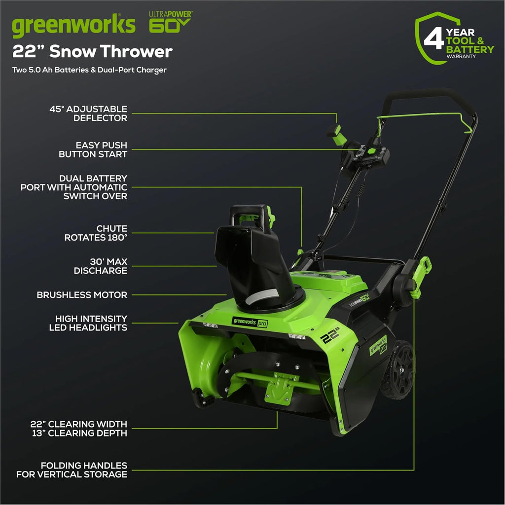 Greenworks Pro 60V 22' Brushless Cordless Snow Blower (Single Stage), (2) 5.0Ah Batteries and Dual Port Charger Included