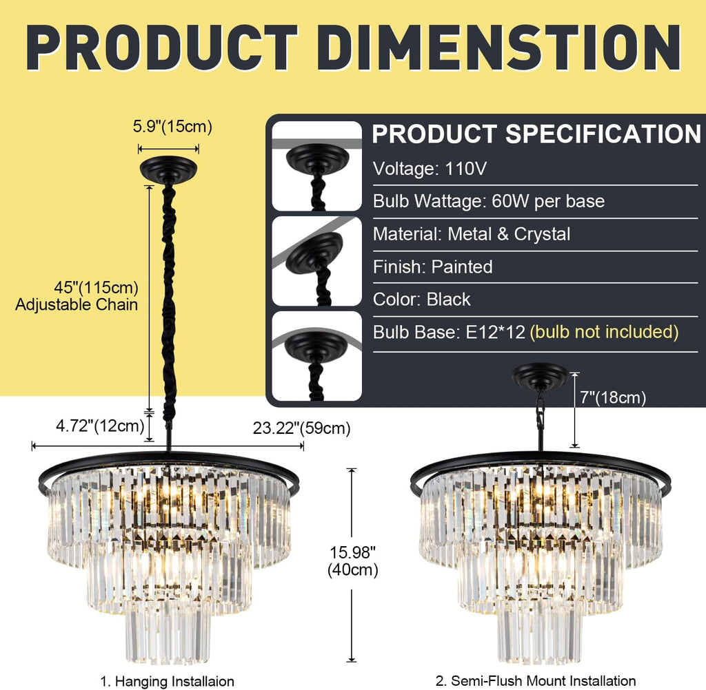 12 Lights 23.64' Black Modern Crystal Chandelier Crystal Pendant Ceiling Light Fixture 3-Tier Hanging Lighting for Dinning Room Bedroom Living Room Foyer