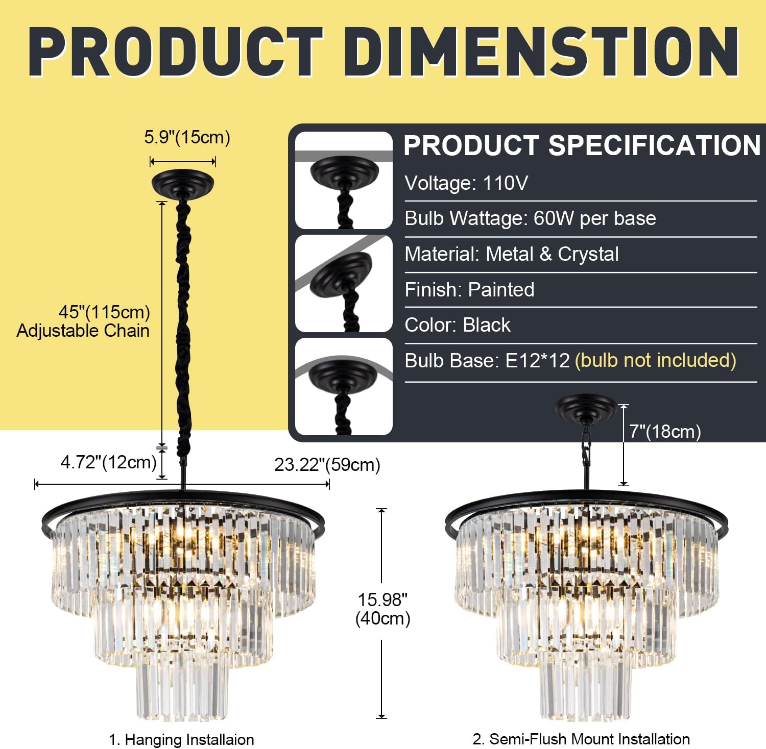 12 Lights 23.64' Black Modern Crystal Chandelier Crystal Pendant Ceiling Light Fixture 3-Tier Hanging Lighting for Dinning Room Bedroom Living Room Foyer