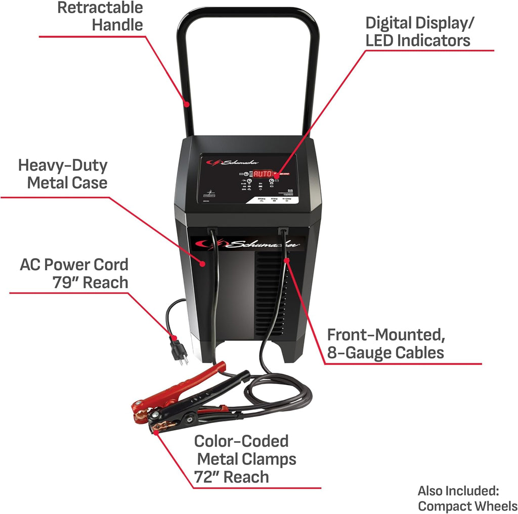 Schumacher Electric Wheeled Automatic 6A Car Battery Charger and 200A Engine Starter, 6-in-1 Solution, Maintainer, 40A Boost, for 6V/12V Power Sport, Automotive, and Marine Batteries, SC1353