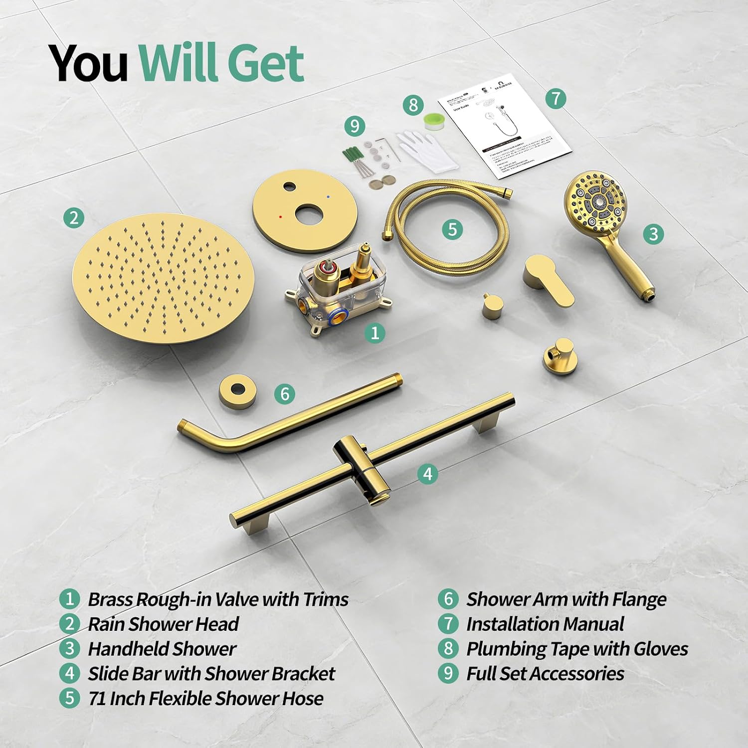 SR SUN RISE 12 Inch Brushed Gold Shower System, Wall-Mount Adjustable 16-Inch Slide Bar with 6-Function Hand Shower Faucet Included Valve and Trim Kit