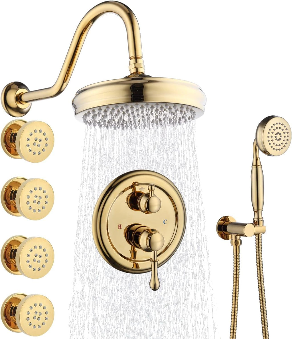 Enga Antique Shower Faucet Sets 8 inch Rainfall Head with Body Jets Handheld Spray Fixtures Combo, Brass 3 Way Diverter Rough in Valve Trim Kit, Bright Gold
