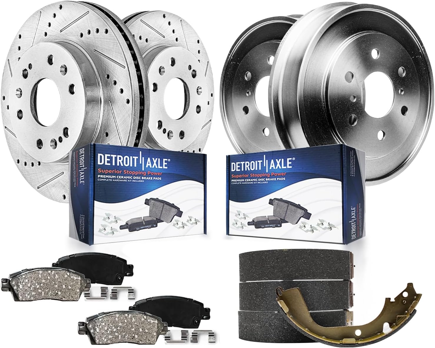Detroit Axle - 8pc Brake Kit for 2005-2008 Chevy GMC Silverado Sierra 1500, 12.99' inch Front Drilled Brake Rotors Ceramic Brakes Pads Rear Brake Drums Brake Shoes 2006 2007 Replacement