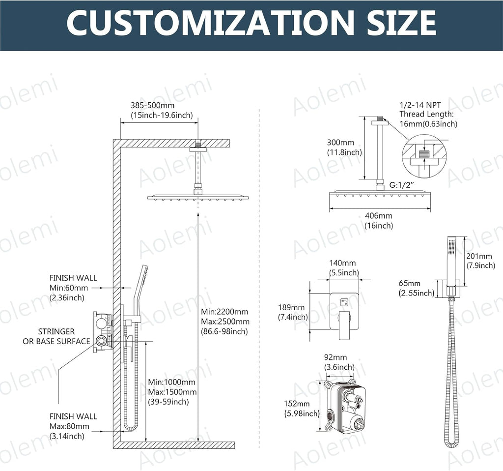 Aolemi Ceiling Mount Shower System Rain Shower Head with Handheld Spray High Pressure Shower Faucet Set Rough-in Valve Shower Trim Kit Included Bathroom Oil Rubbed Bronze 16 Inch Ceiling Shower Head