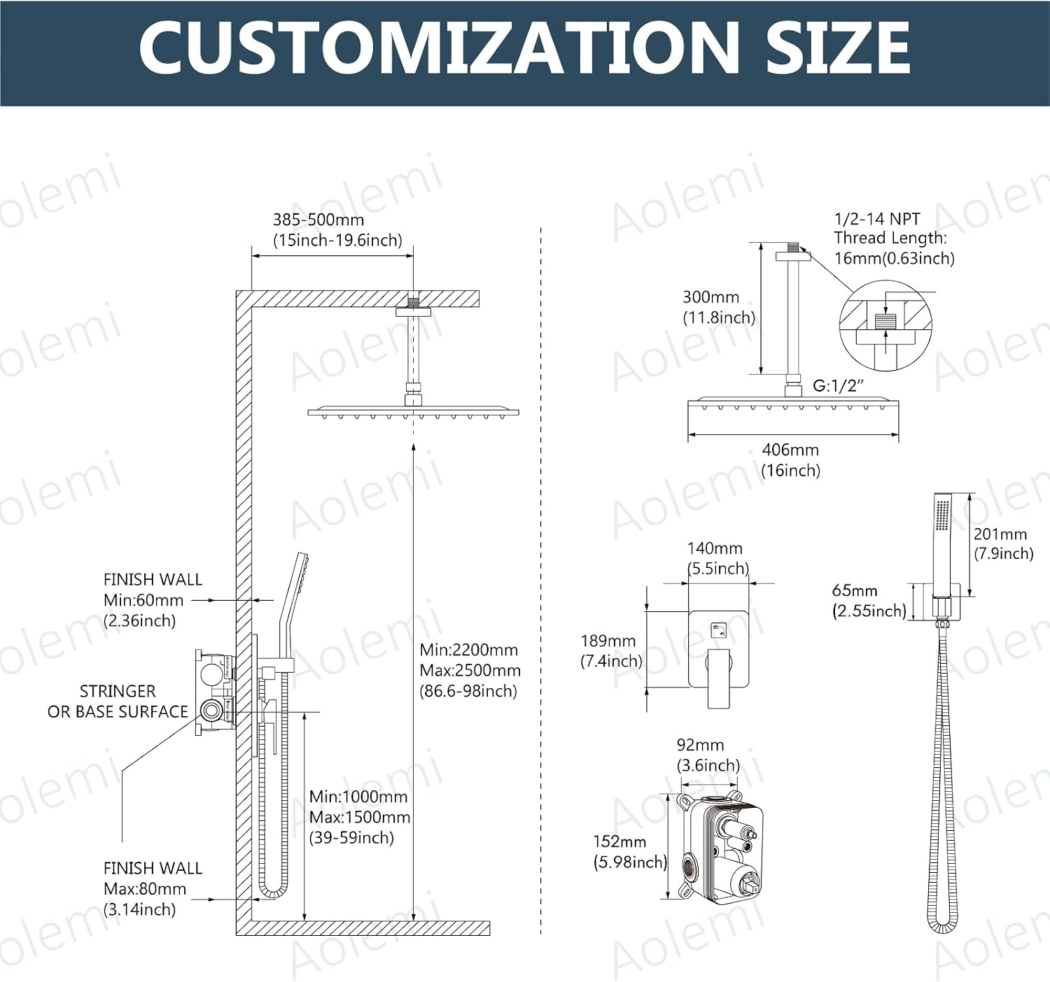 Aolemi Ceiling Mount Shower System Rain Shower Head with Handheld Spray High Pressure Shower Faucet Set Rough-in Valve Shower Trim Kit Included Bathroom Oil Rubbed Bronze 16 Inch Ceiling Shower Head