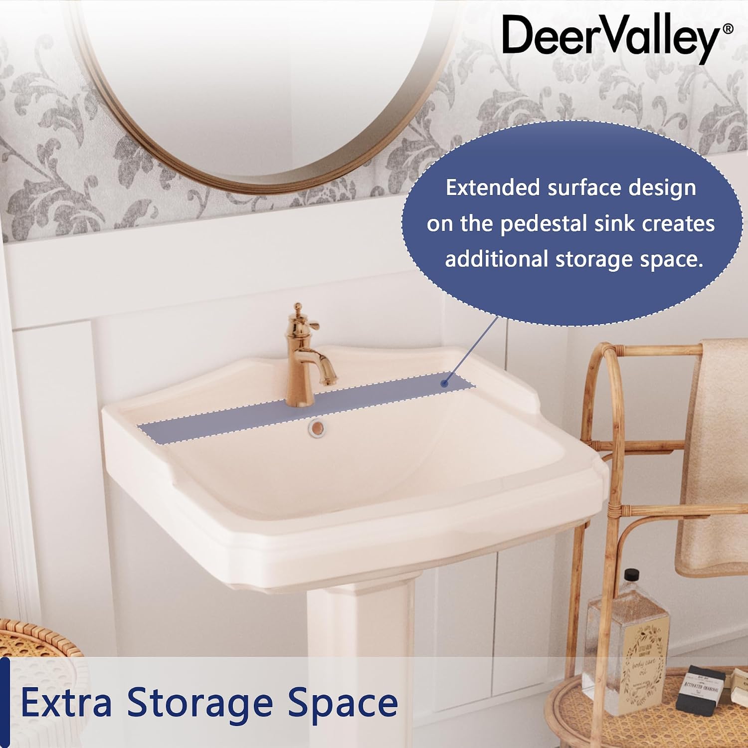 DeerValley 23x19 Inch Bone Colored Pedestal Sink Combo with Overflow and Single Faucet Hole, Ceramic Bathroom Vanity Sink, Model DV-1P522BN01