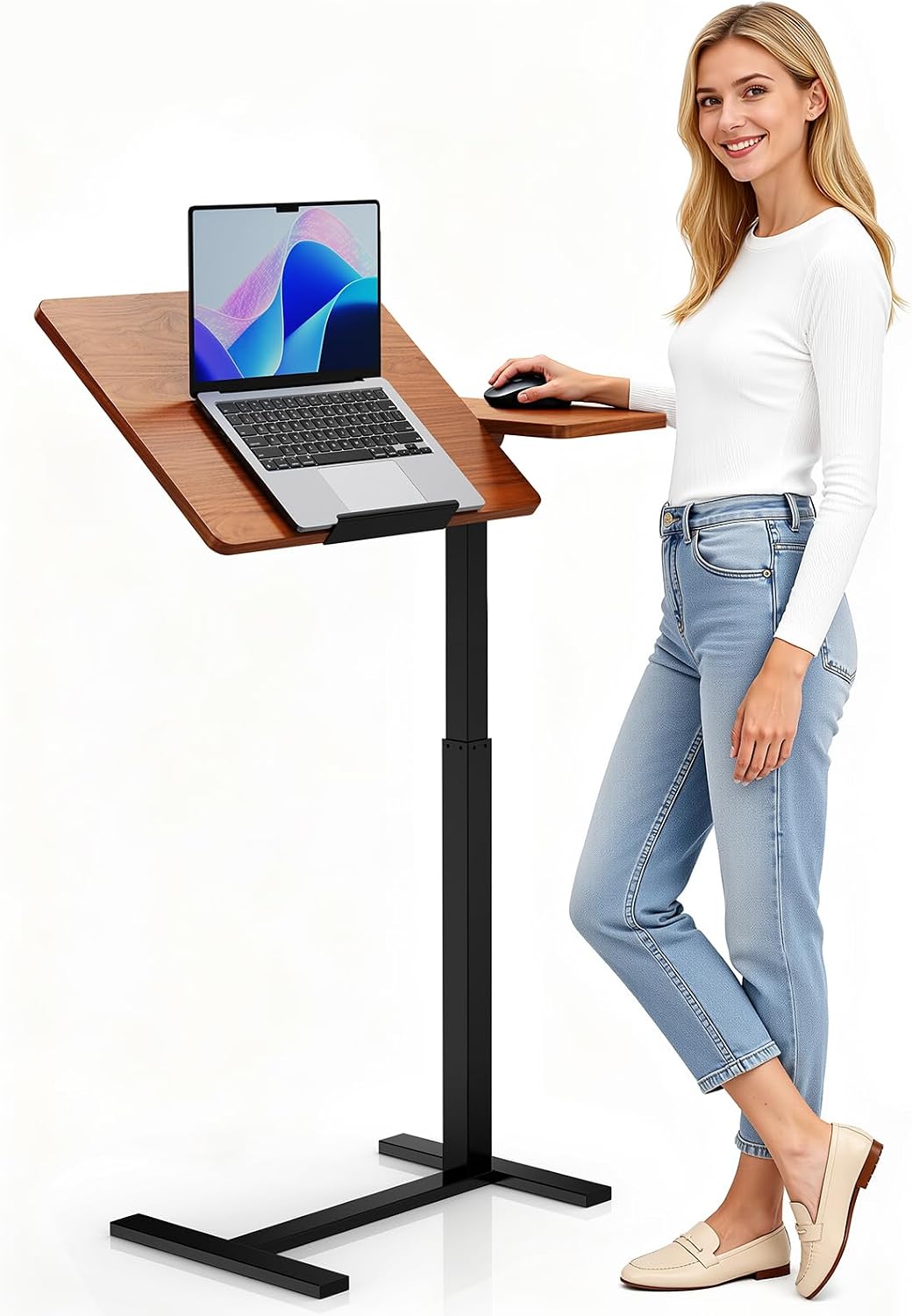 Small Standing Desk Rolling Table with Hidden Casters, Adjustable Height Laptop Mobile Stand Desks, Portable Computer Workstation with Tiltable Desktop for Teacher Classroom Home Office, Brown