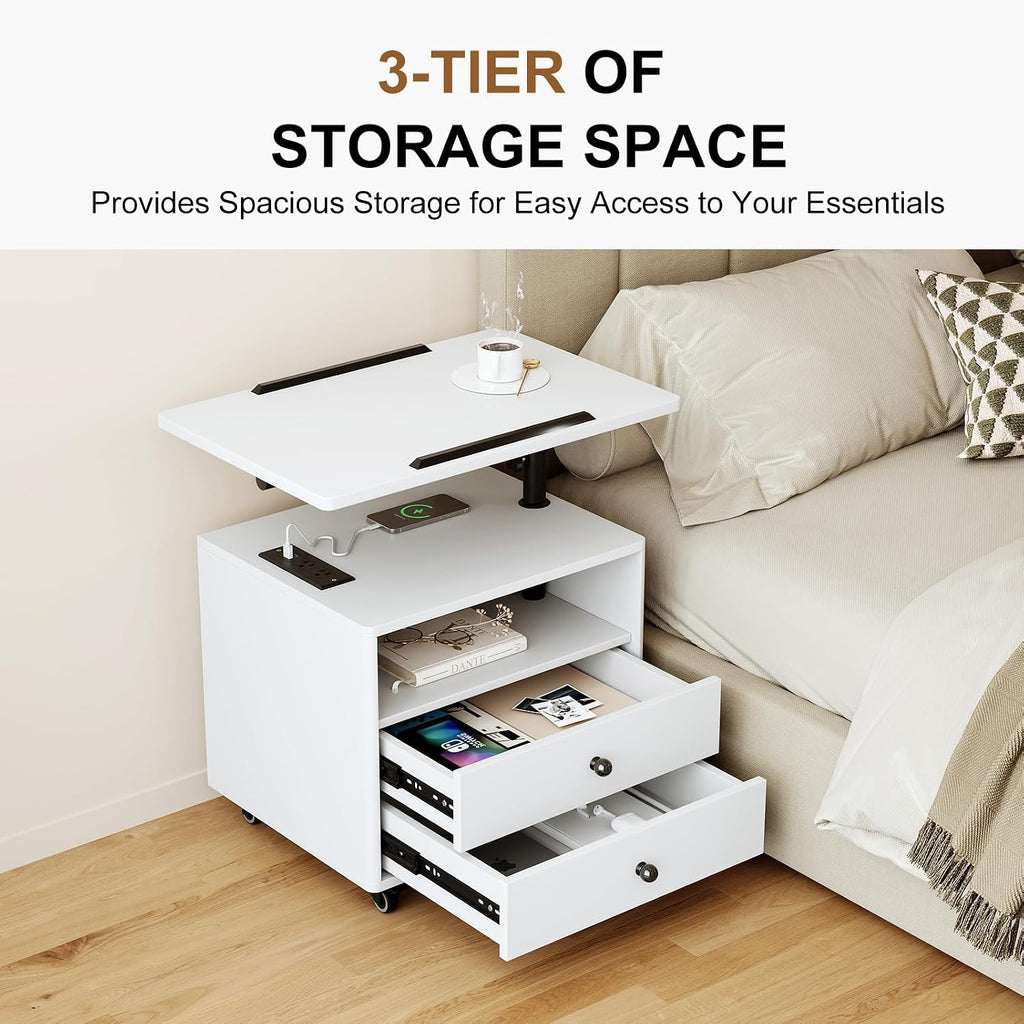 Bedroom Nightstand with Drawers & Charging Station, Adjustable Height Bedside Table with Wheels, Wooden Small Sofa Side Tables with Storage for Living Room, White