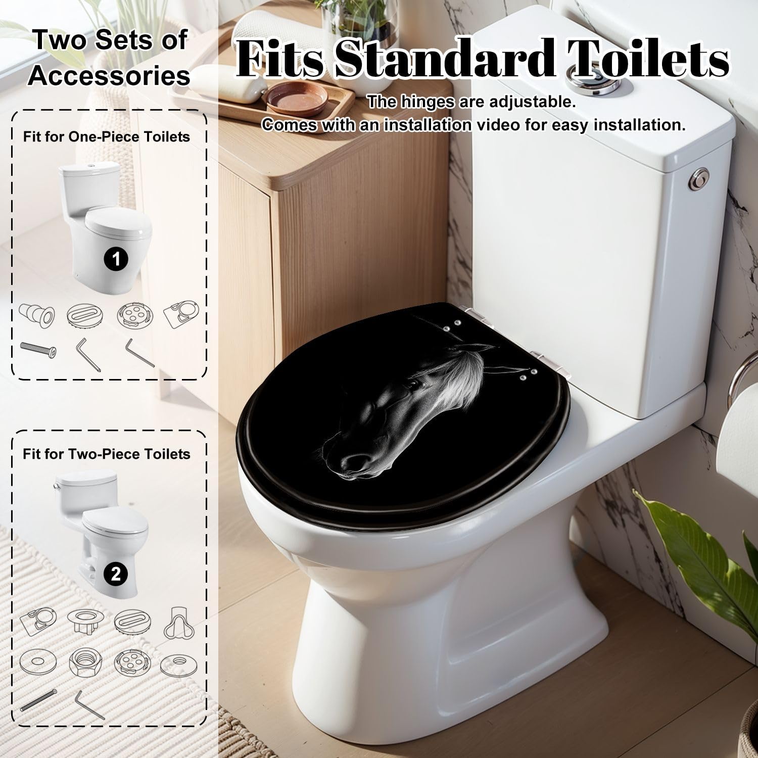 Round Toilet Seat horse Resin Toilet Seat Slow Quiet Close Lid with Quick-Release Hinges Cover Bumpers Easy to Clean Install