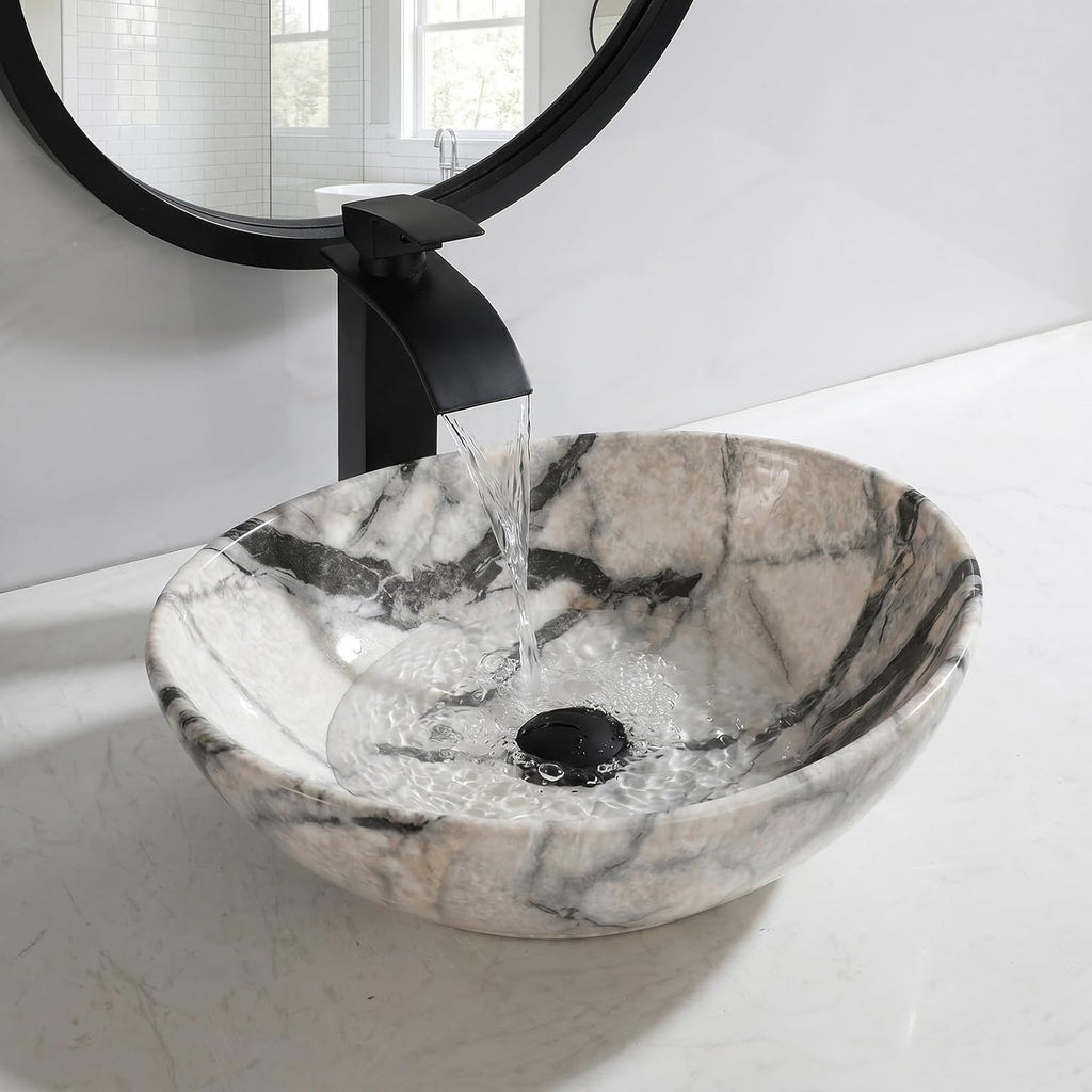 Oval Vessel Sink 16'x13' White Ceramic Bathroom Sink with Waterfall Faucet and Pop-up Drain Bowl Sink White Black Marble Bathroom Sinks Above Counter