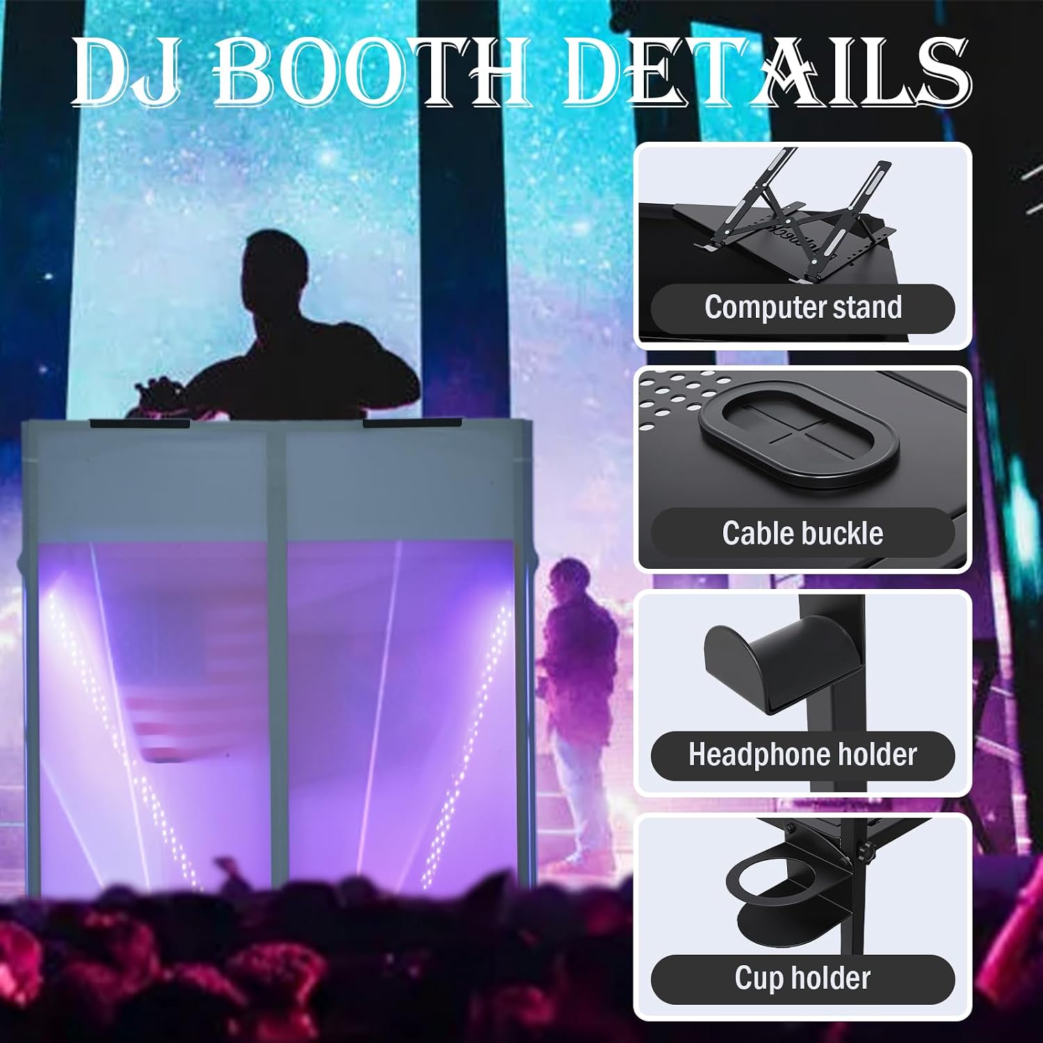 Portable DJ Booth Facade,DJ Table,Heavy-Duty DJ Table Stand Portable Booth,Iron Plate Surface DJ Facade Booth,with Carry Bag & Hook & Cup Holder (41.3'L x 20.4'W x 43.3'H)