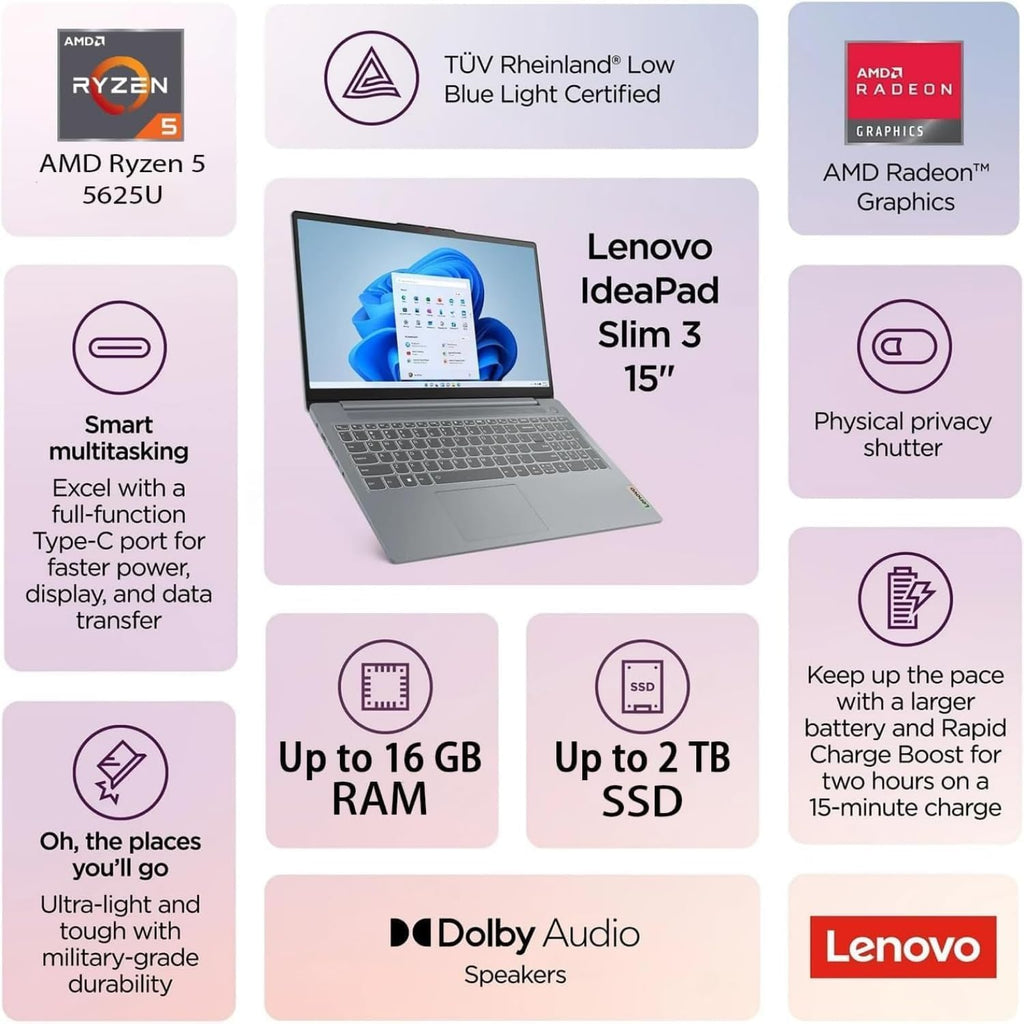 Lenovo IdeaPad Slim 3 | 15.6 Inch FHD Laptop | AMD Ryzen 5 5625U, 6-Core Processor | 16GB RAM, 1TB SSD | Backlit Keyboard | Windows 11 Home | WiFi-6 | Lightweight and Ultra-Slim (16GB RAM | 1TB SSD)