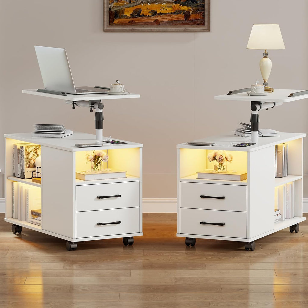 WOOVIVS Nightstand Set of 2 with USB Charging Station, Bedside Table with Storage Drawer, Rotatable Bracket, Modern Design (White)